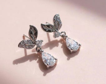 Silber Blatt Teardrop Ohrringe | Skurril Kristall Feenkern Schmuck | S925 Hypoallergen