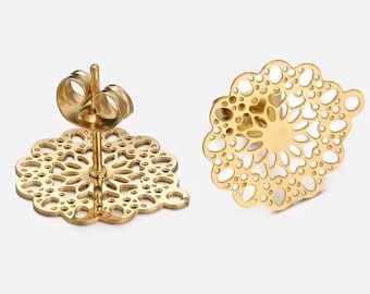 10 PC-Vergoldeter Edelstahl-filigrane Blumen-Mandala-Bolzenohrring mit Schleife