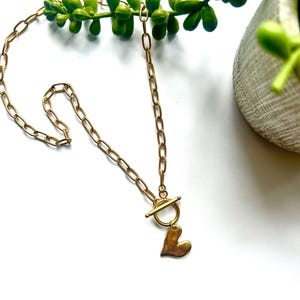 Gold Plated Heart Charm Necklace: Stainless Steel Toggle Chain