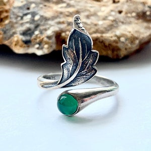 Sterling silver Jade gemstone oak leaf boho statement ring