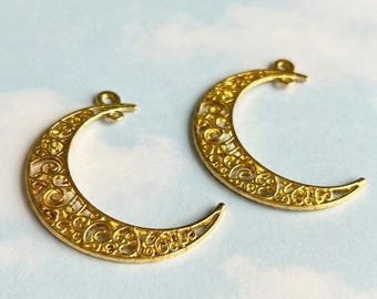 2PC Gold Plated großen Halbmond filigrane Mond Anhänger Charm | DIY Schmuckherstellung Crafting.