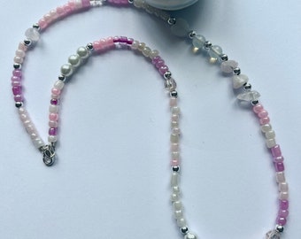 Pink seed bead choker, rose quartz choker, opal gemstone choker.