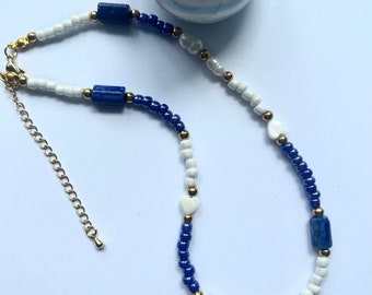 Lapis lazuli beaded fresh water pearl choker, necklace, seed bead choker