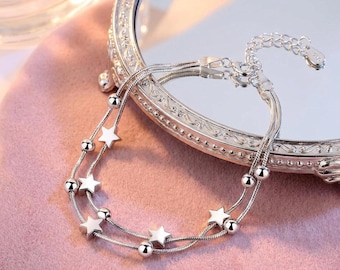 Sterling Silber Doppelschicht Stern Armband • Zierliche himmlische Schlangenkette Schmuck
