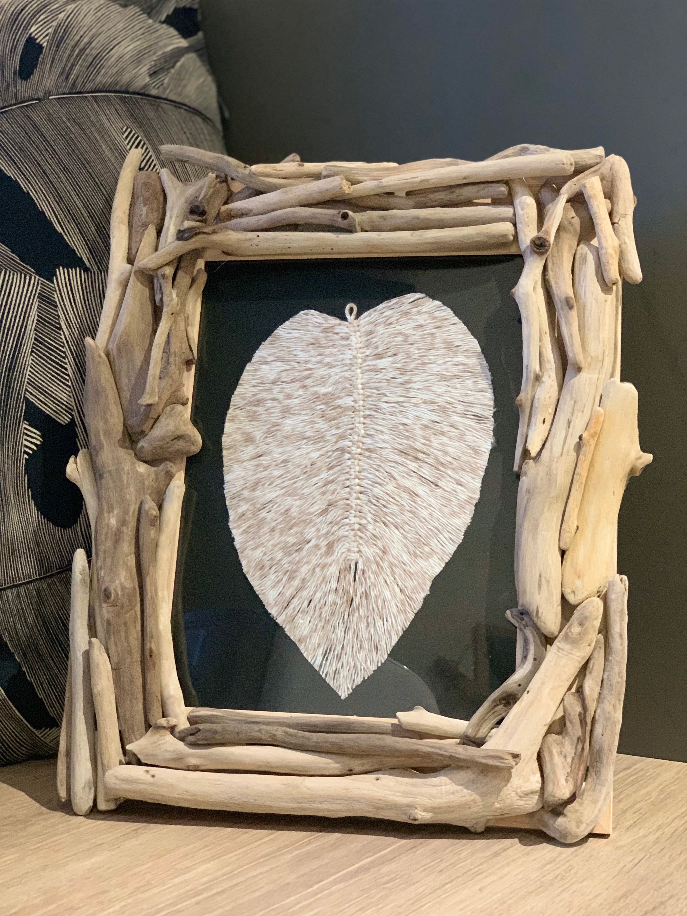 Cadre Tableau Bois Flotté/Plume Macramé Ambiance Chalet Décoration Déco Bord de Mer Murale