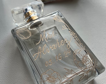 Custom Engraved Perfume Bottle with Florals: Wedding Keepsakes, Bridal Perfumes