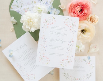 Floral Wedding Invitation Set, Semi-Custom Wedding Stationery, Elegant Wildflower Watercolor Art