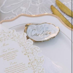 Hand-Painted Oyster Shell Place Cards: Gold Calligraphy, Coastal Wedding