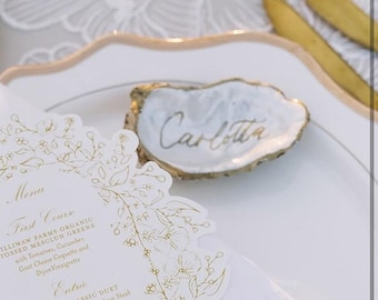 Hand-Painted Oyster Shell Place Cards: Gold Calligraphy, Coastal Wedding