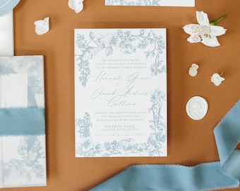 Romantic Floral Wedding Invitation Set, Semi-Custom Wedding Stationery, Elegant Line Art