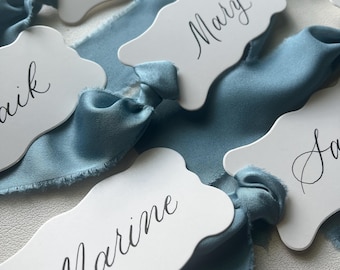 Scalloped Chiffon Ribbon Place Cards: Hand-Lettered Calligraphy
