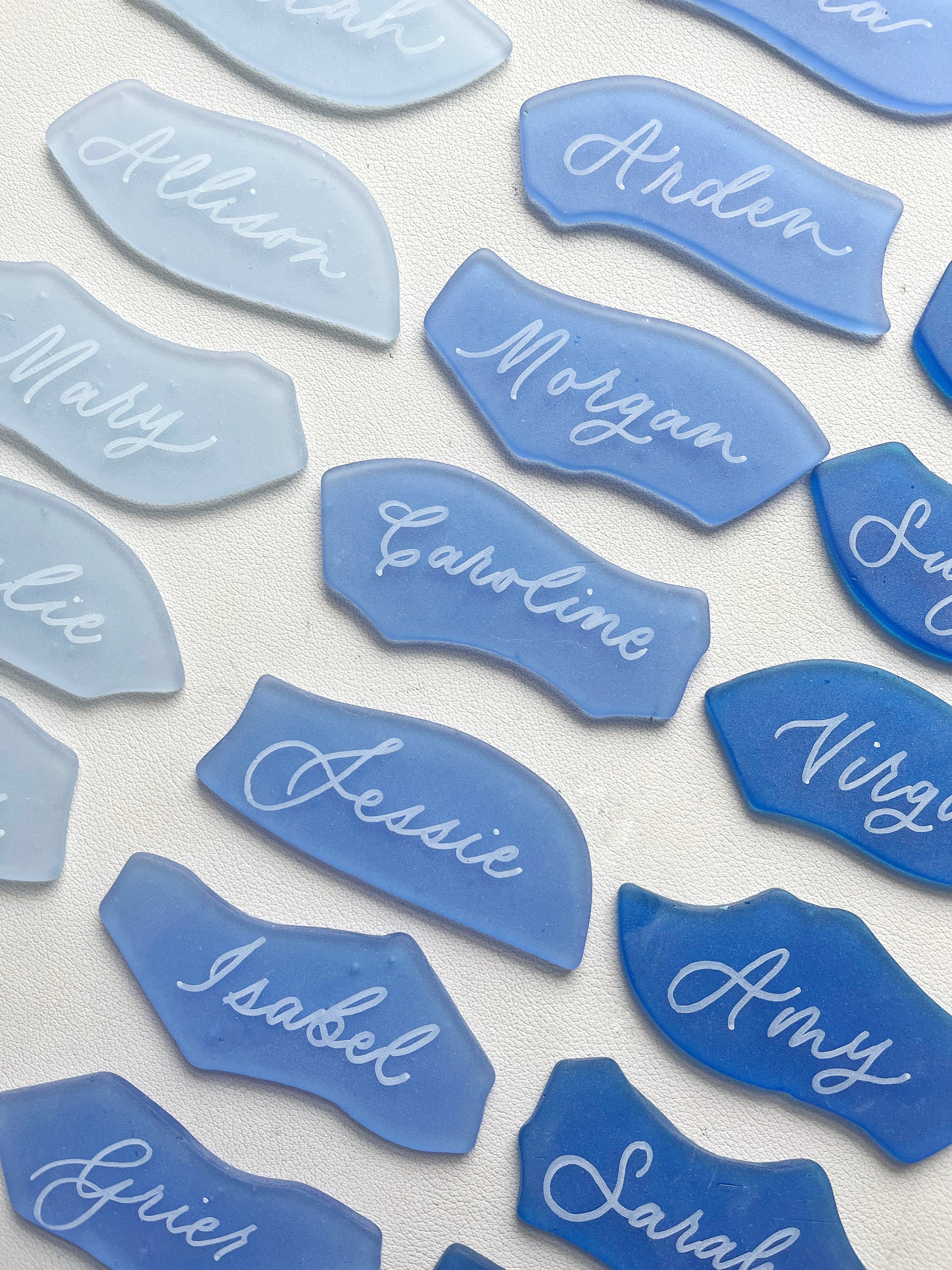 Calligraphy Sea Glass Place Cards: Beach Wedding Decor