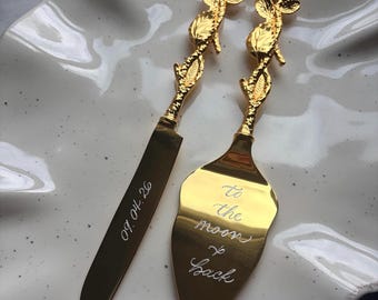 Hand Engraved Wedding Cake Server Set: Rose Handles, Custom Calligraphy