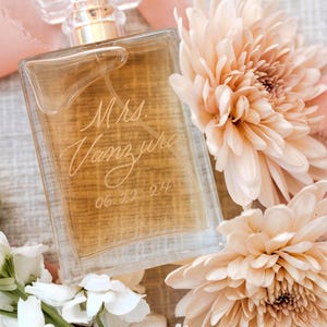 Custom Engraved Perfume Bottle: Wedding Keepsake, Bride Keepsake, Mother of the Bride Gift, Flat Lay Details, Valentines Gift
