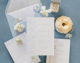 Romantic Floral Wedding Invitation Set, Semi-Custom Wedding Stationery, Elegant Rose Line Art