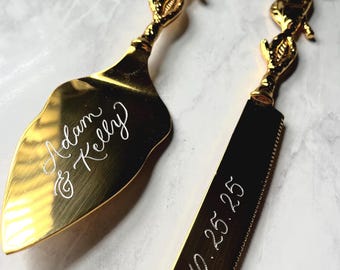 Hand Engraved Wedding Cake Server Set: Rose Handles, Custom Calligraphy