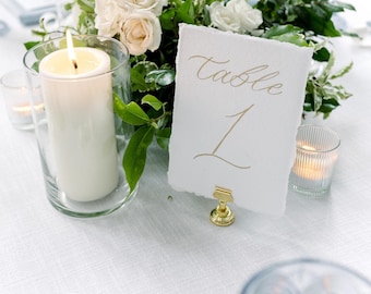 Gold Calligraphy Table Numbers for Weddings | Deckled Edge Table Numbers