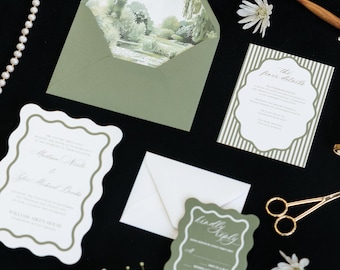 Wavy Edge Wedding Invitation Suite, Sage Green, Printed