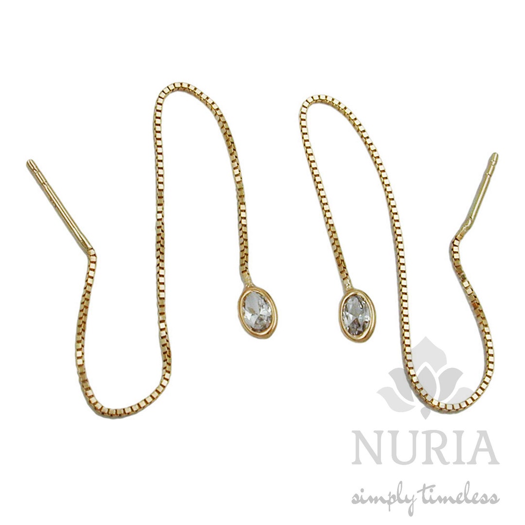 Gold Threader Earrings Made of Solid Gold With Zirconia Stones , Also Known as Pull Trough