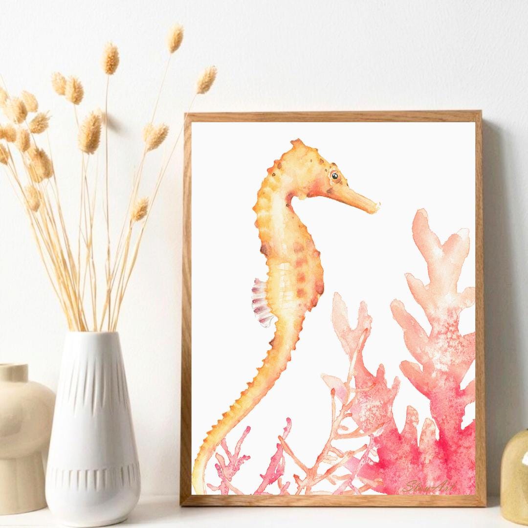 Seahorse Wall Decor Kids Wall Art Print Coral Seahorse Nursery Watercolor Painting Beach House Summer Coral Art Wall Decoration Sea Kids