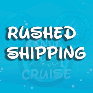 May include: A blue background with white text that says "Rushed Shipping" with a white Mickey Mouse silhouette in the background. The silhouette is made up of two white circles with a white compass in the center.