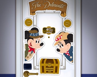 May include: A white door decorated with a Mickey Mouse and Minnie Mouse themed cruise door hanger. The door hanger features a gold banner with the text "The Delmonts" and a gold sign with the text "Once Upon a Cruise". There is also a gold treasure chest with the text "Inaugural Sailings 2023".