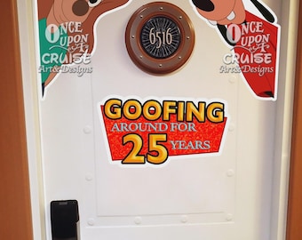 May include: A white door featuring a circular room number sign 6516, a black electronic handle, and decorative decals of two cartoon characters. The text reads Once Upon A Cruise Art & Designs and Goofing Around For 25 Years in yellow and red.