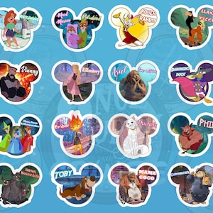 May include: A set of 16 colorful Mickey Mouse head stickers featuring various Disney characters. Each sticker has a white outline and a different character from a Disney movie. The characters include: Roxanne, Maid Marian, Relahind, Roger Rabbit, Llama Kuzco, Viunny, Eilonwy, Ariel, Darkwing Duck, Ember, Duchess, Shenzi, Banzai & Ed, Toby, Mama Coco, and Phil.