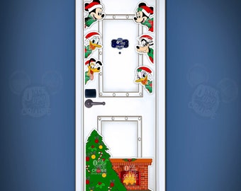 May include: A white door decorated with Christmas-themed Disney characters, including Mickey Mouse, Minnie Mouse, Donald Duck, Goofy, and Pluto. The door has a festive wreath and a fireplace with a lit fire. The text "Once Upon a Cruise" is visible on the door.