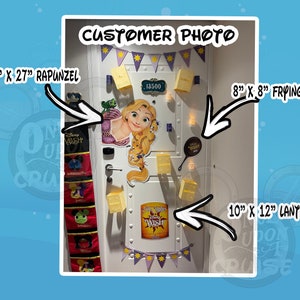 May include: A white door decorated with a 18-inch by 27-inch Rapunzel cutout, a 10-inch by 12-inch lantern, a 8-inch by 8-inch frying pan, and a "The Disney Wish" sign. The door is also decorated with yellow and purple streamers and a sign that says "13500".