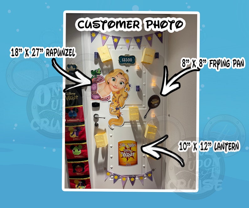 May include: A white door decorated with a 18-inch by 27-inch Rapunzel cutout, a 10-inch by 12-inch lantern, a 8-inch by 8-inch frying pan, and a "The Disney Wish" sign. The door is also decorated with yellow and purple streamers and a sign that says "13500".