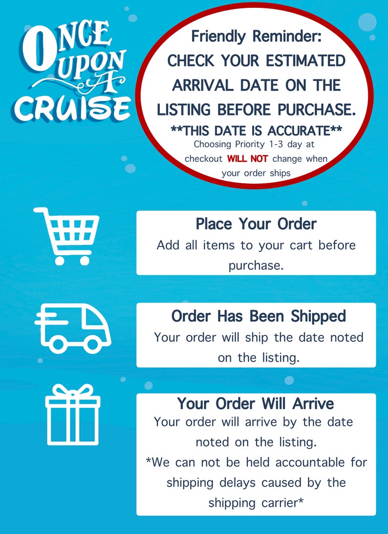 May include: A blue and white illustration of a cruise ship with the text "Once Upon A Cruise" above it. The image also includes a reminder to check the estimated arrival date on the listing before purchasing, as well as information about placing an order, shipping, and arrival.