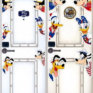 May include: A white door with two sets of images of Disney characters. The left side shows the characters in a smaller size and the right side shows the characters in a larger size. The characters are Mickey Mouse, Minnie Mouse, Donald Duck, Daisy Duck, and Goofy. The characters are all wearing sailor outfits and are peeking out from behind the door. The text "Once Upon a Cruise" is on the door.