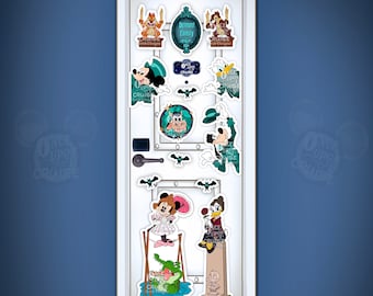 May include: A white door decorated with a variety of Disney character stickers. The stickers feature Mickey Mouse, Minnie Mouse, Donald Duck, Goofy, and Chip and Dale. The stickers are themed around the Disney Cruise Line.