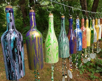 Wine Bottle Wind Chimes for Outdoors Upcycled and Hand Painted Gift