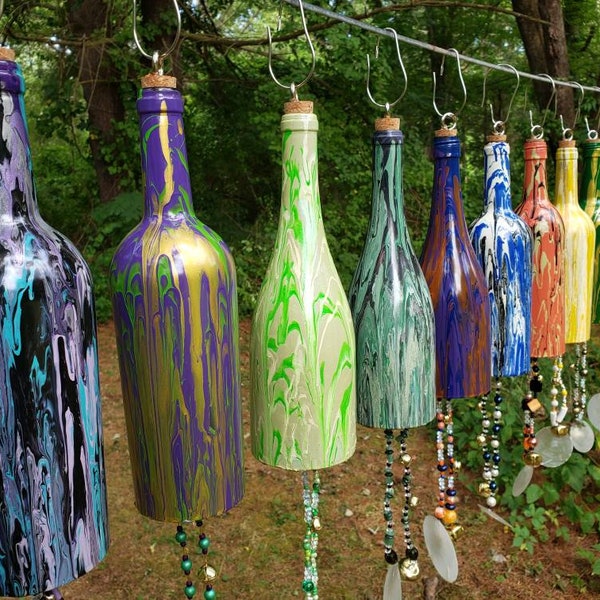 Wine Bottle Wind Chimes for Outdoors Upcycled and Hand Painted Gift