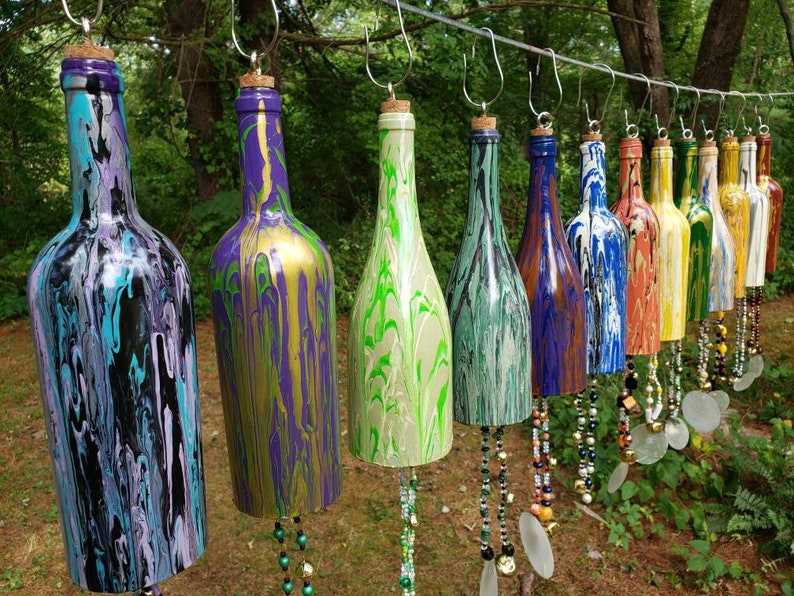 Wine Bottle Wind Chimes for Outdoors Upcycled and Hand Painted Gift image 1