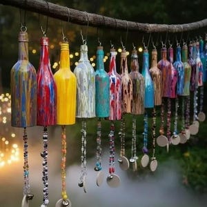 Wine Bottle Wind Chimes for Outdoors Upcycled and Hand Painted Gift
