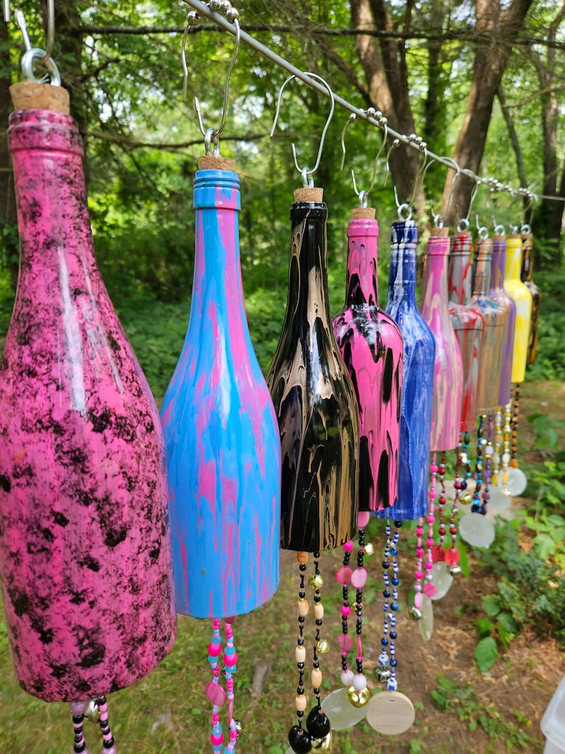 Wine Bottle Wind Chimes for Outdoors Upcycled and Hand Painted Gift image 8