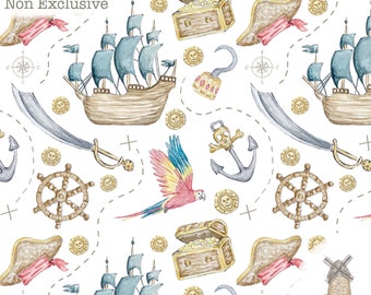 Walk The Plank Pirate Ship Parrot Seamless Digital Fabric Design Pattern