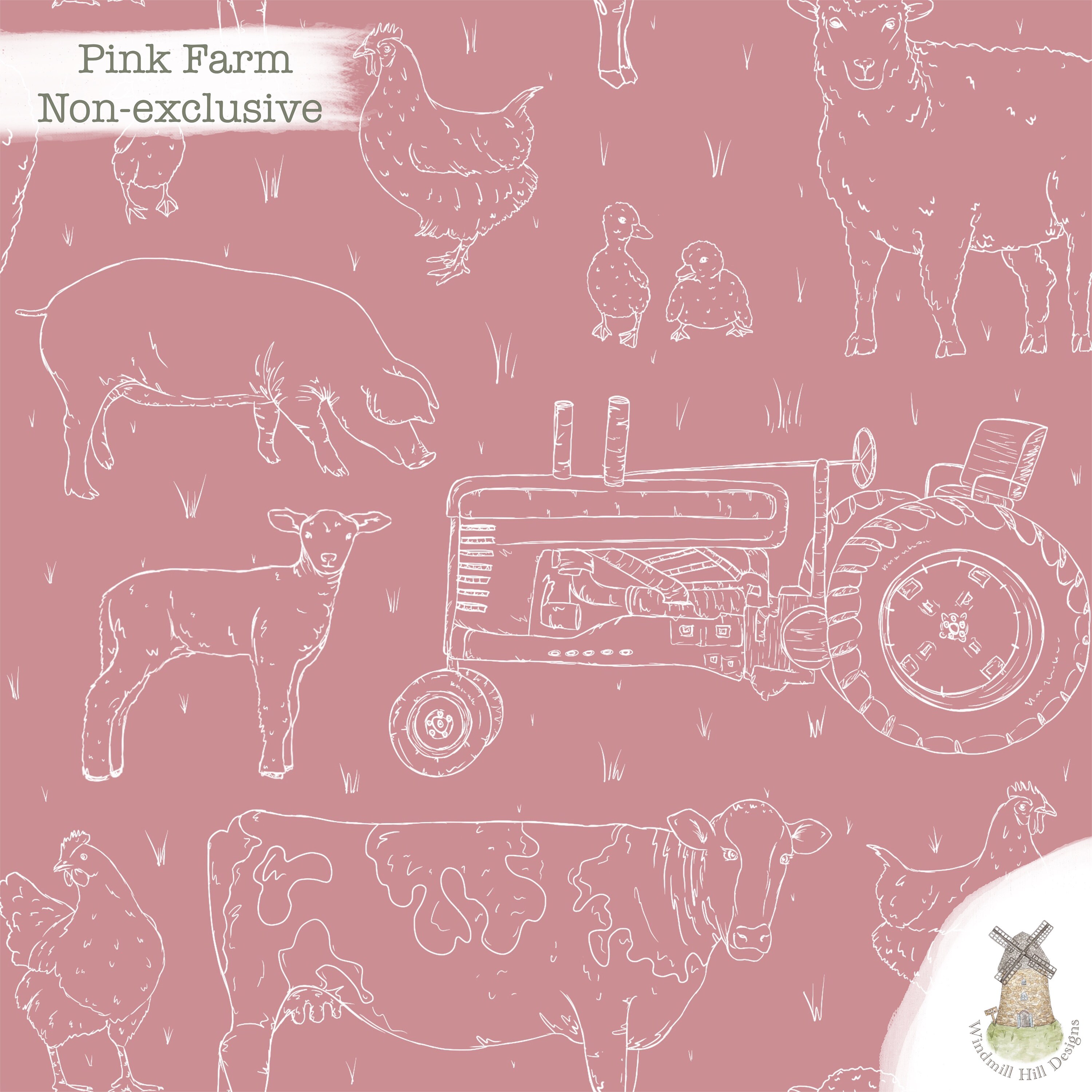 Pink Farm Line Drawing Basic Collection Seamless Digital Design 7inch X ...