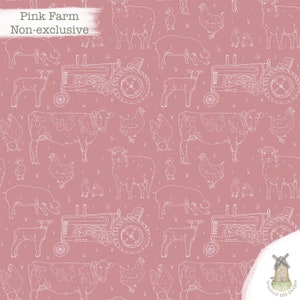 Pode incluir: Um padrão sem costura com fundo rosa com desenhos de linha branca de animais de fazenda, um trator e um moinho de vento. Os animais incluem vacas, porcos, ovelhas e galinhas. O texto "Pink Farm Non-exclusive" está no topo do padrão.