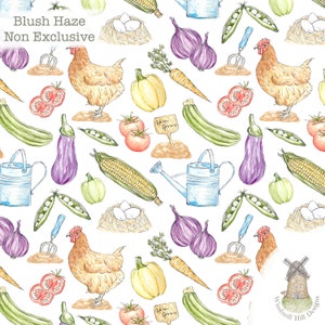 May include: A watercolour illustration of a seamless pattern featuring a variety of garden vegetables, a chicken, a watering can, a nest with eggs, and a windmill. The pattern is on a white background and includes a variety of colours, including green, red, yellow, blue, and purple.