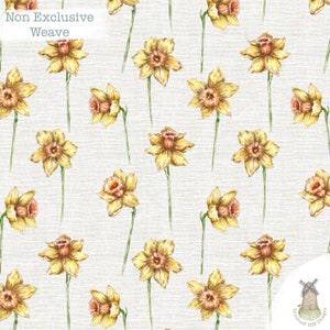 May include: A seamless pattern featuring yellow daffodils with orange centers on a white background with a subtle texture. The text "Non Exclusive Weave" appears at the top of the image.