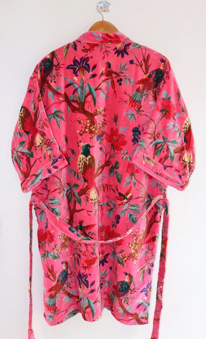 Bird Print Pink Velvet Jacket Japanese Kimono Style Ethic - Etsy