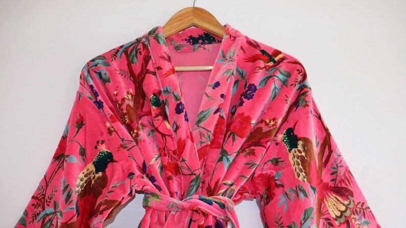 Bird Print Pink Velvet Jacket Japanese Kimono Style Ethic - Etsy