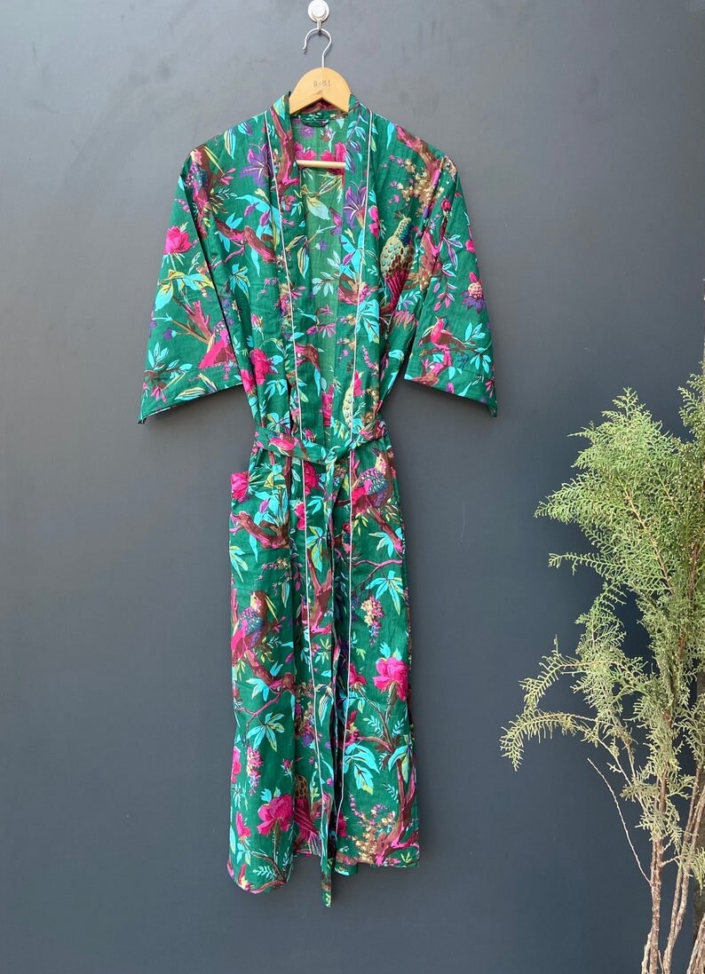 Cotton Kimono Robe Dressing Gown Block Print Bridesmaid Robe Etsy
