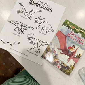 Puede incluir: Una página para colorear en blanco y negro con cuatro dinosaurios: Pterodactyl, Triceratops, Anatosaurus y Tyrannosaurus Rex. La página se titula "Meet the Dinosaurs".