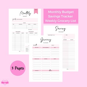 May include: A printable budget and grocery planner with three pages. The first page is a monthly budget tracker with sections for income, fixed expenses, and other expenses. The second page is a grocery planner with sections for meat and fish, fruit and vegetables, dairy, frozen and cans, beverages, bakery, household, and other. The third page is a savings tracker with sections for goal, withdrawal, and balance.