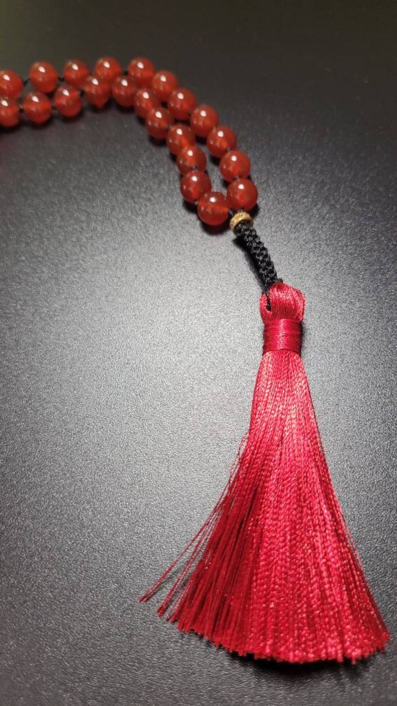 Chapelet Musulman Tasbih Sebha Rouge Corde Noire 33 Perles Agathe Naturelle